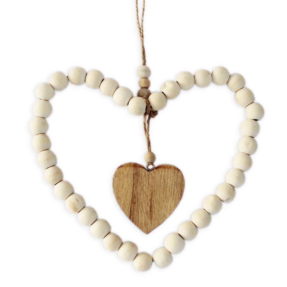 Srdce závěs perličky dřevo 18cm natur